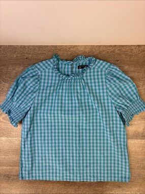 J.Crew Gingham Puff Sleeve Ruffle Neck Top Size Medium Blue & Green Check